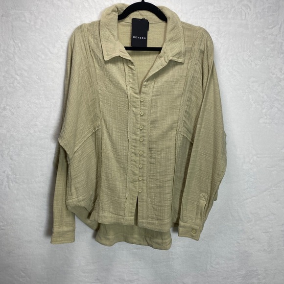 heyson Tops - Heyson L Women's‎ Beige Long Sleeve Button Up Top Shirt Distressed Neutral Color
